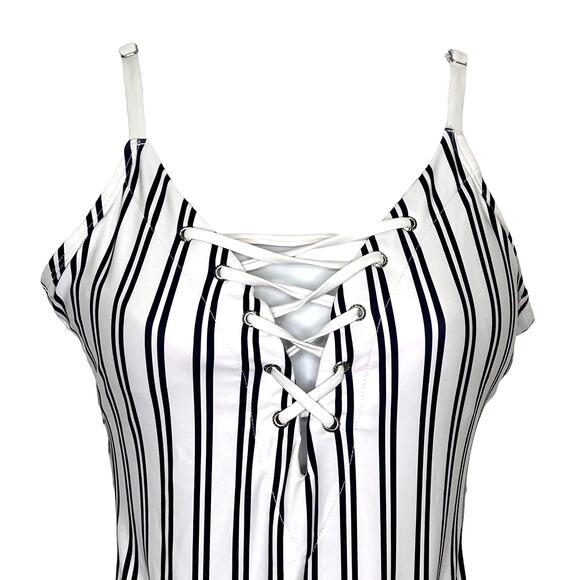 Nautica Blue White Striped Lace Front One-Piece Swimsuit - Picture 2 of 7